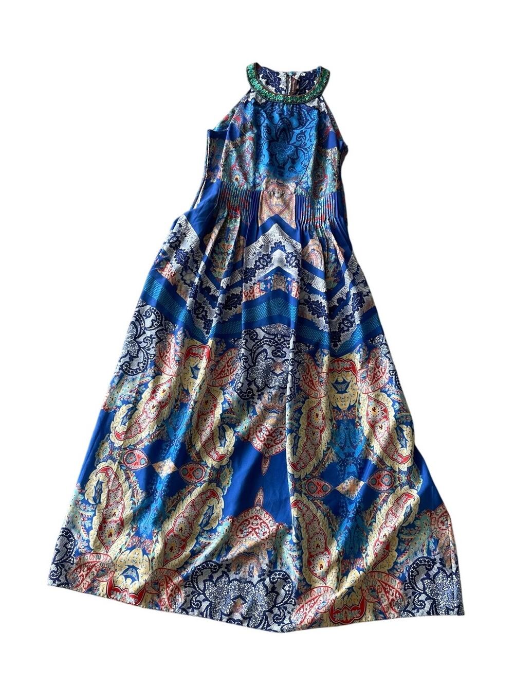 Ranna Gill Anthropologie Boteh Maxi Halter Beaded Neck Dress Boho Gypsy Flowy